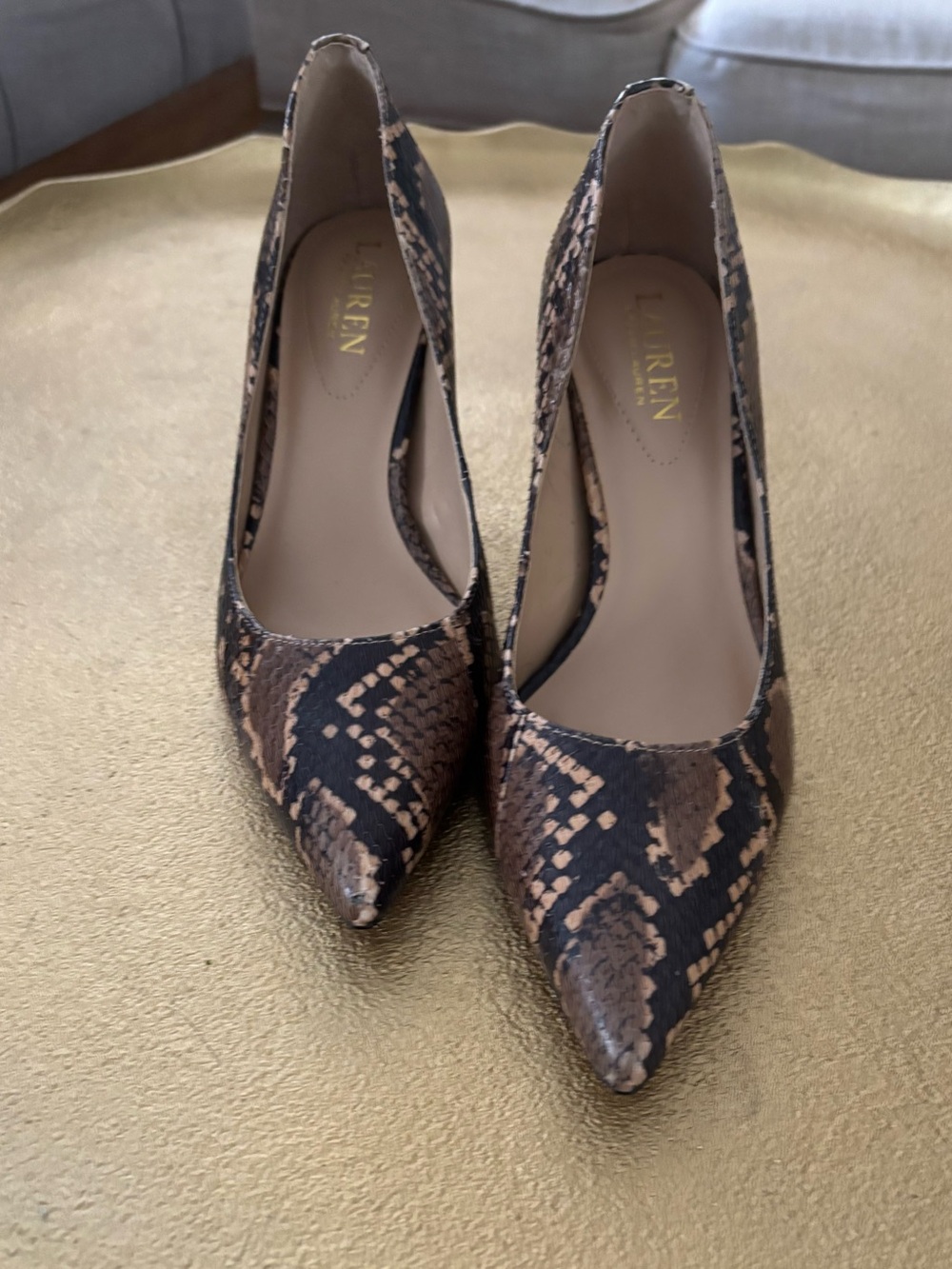 Lauren Ralph Lauren Brown and Black Snake-Print Pointed-Toe Heels